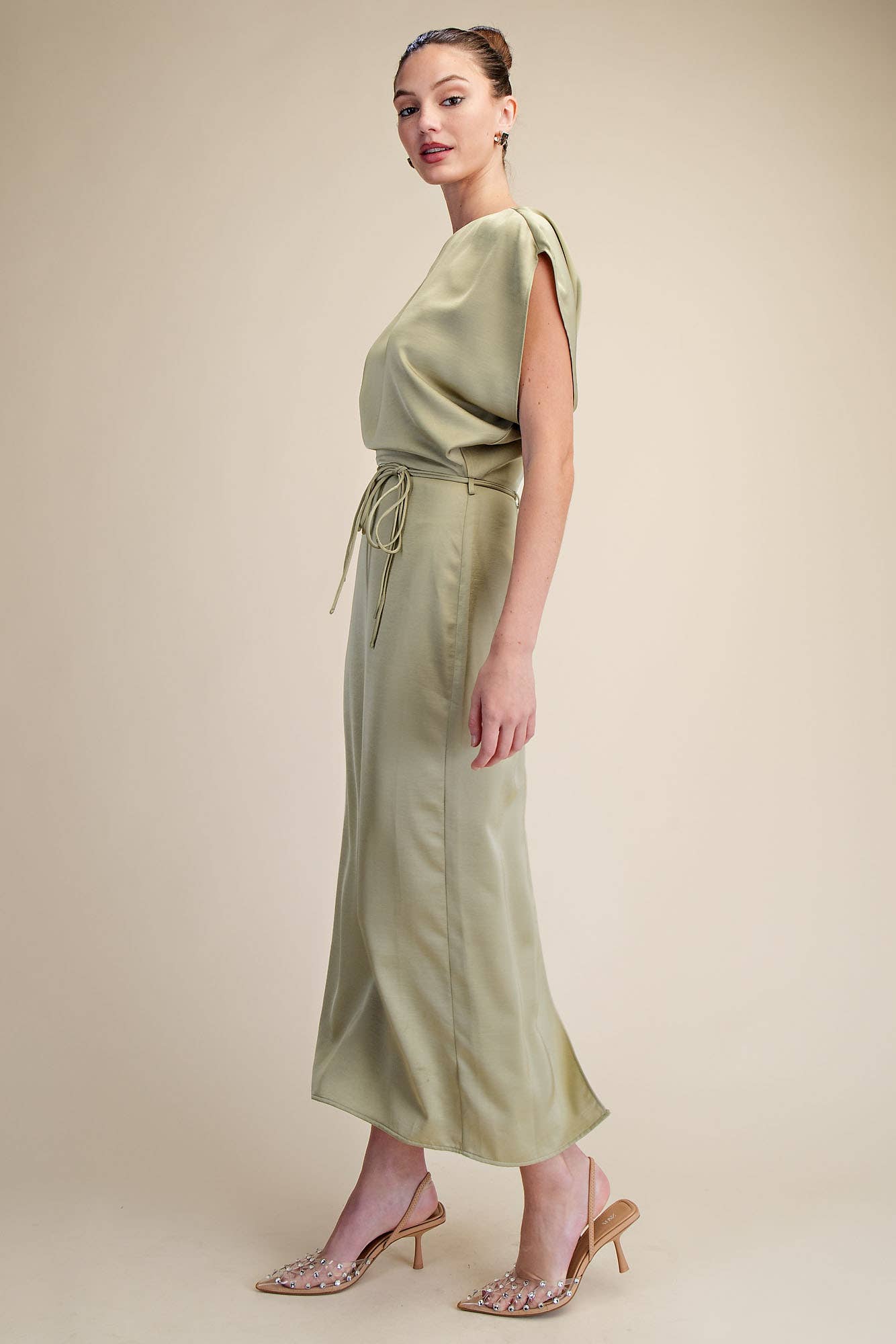 Glam - Wholesale Dress - Women's - Round Neck Waist Tie Back Slit Midi Dress15