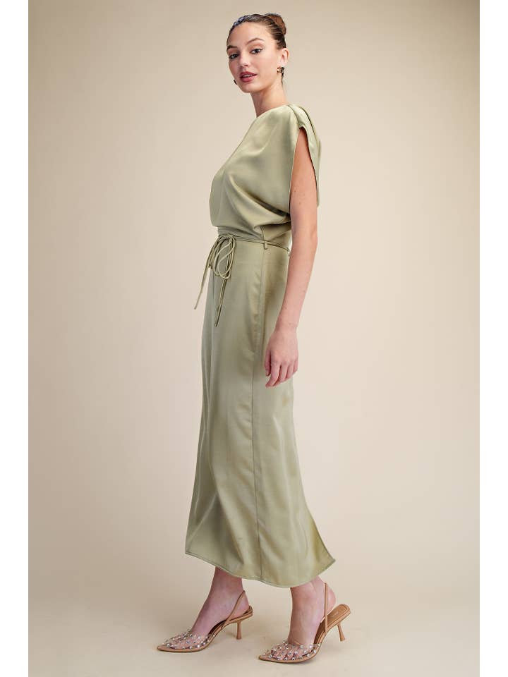 Glam - Wholesale Dress - Women's - Round Neck Waist Tie Back Slit Midi Dress15