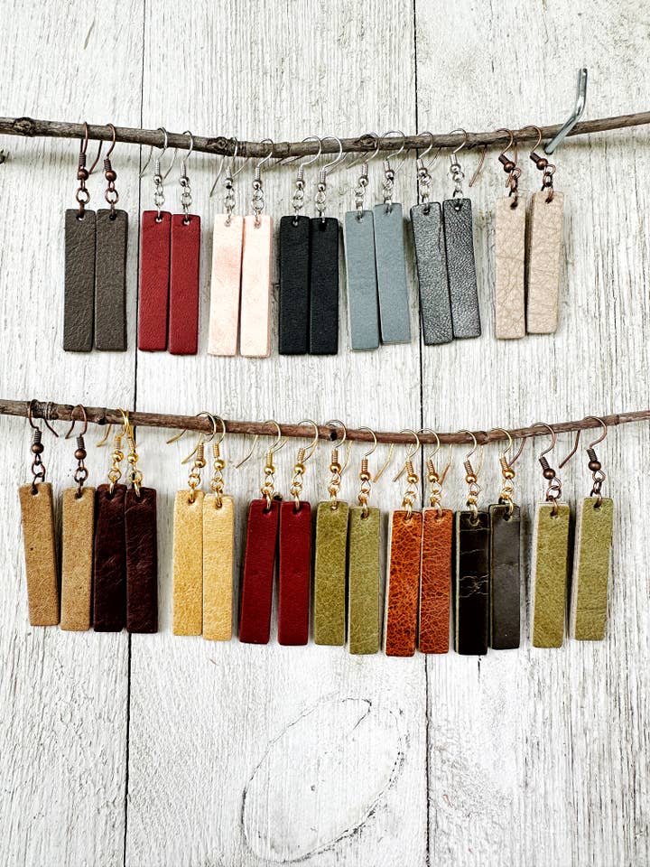 Repurposed Leather Bar Earrings, Simple Natural Western for wholesale by KardiKlips