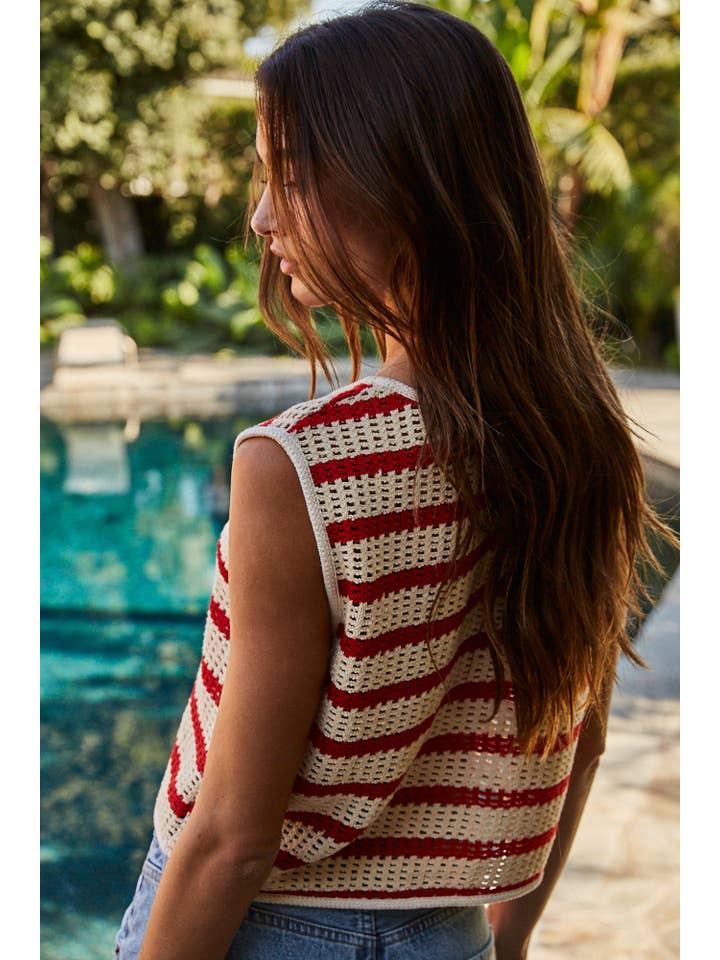 Natural Red L8167 | Knit Cotton Polyester Striped Sleeveless Top for wholesale on Faire