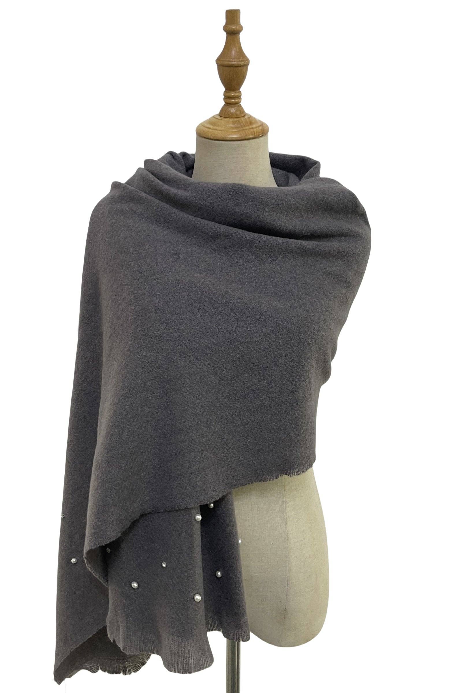 Fashion Scarf World - Wholesale Scarf - Women's - Pearl and Diamante Plain Wool Frayed Scarf5