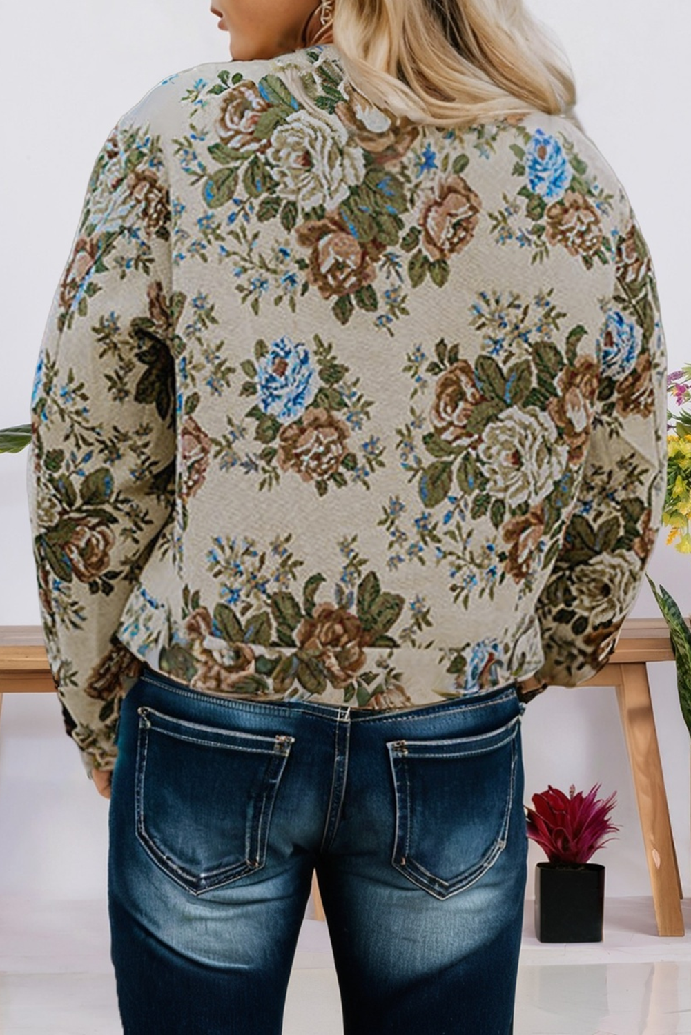 Western Khaki Floral Print Zip Up Contrast Collared Jacket for wholesale on Faire1