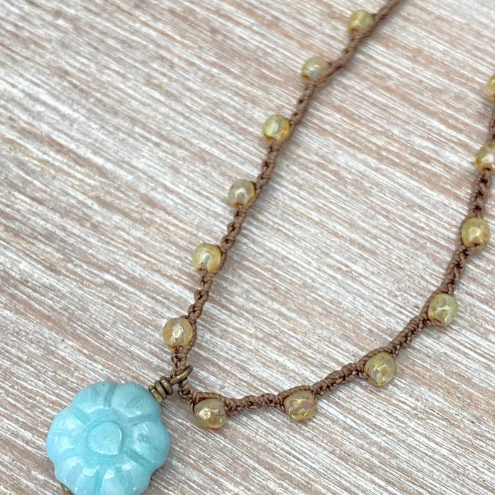 Twist Style - Wholesale Pendant/Charm Necklace - Carved Stone Amazonite Flower On Crocheted Crystal Strand