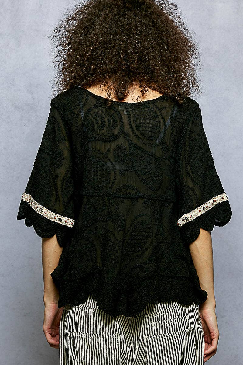 Pol Clothing - Wholesale Blouse - Women's - Short Sleeve Adjustable Drawstring Crochet V Neck Top3