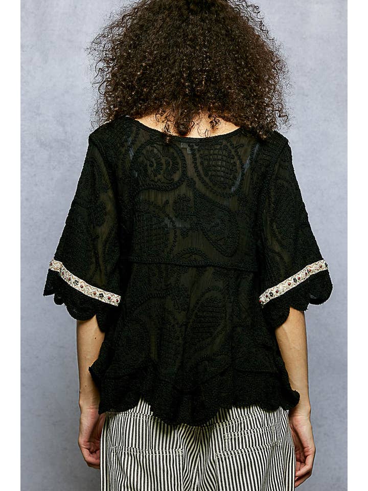 Pol Clothing - Wholesale Blouse - Women's - Short Sleeve Adjustable Drawstring Crochet V Neck Top3