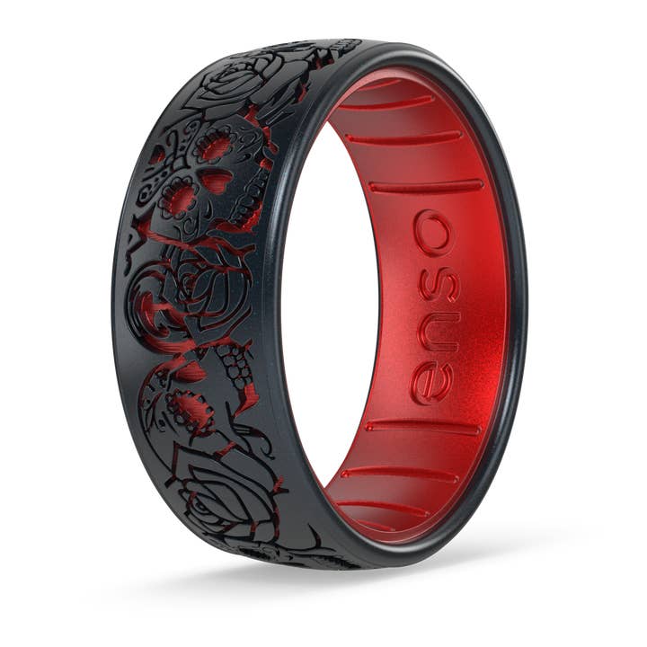 Enso Rings - Wholesale Band/Stacked Ring - Etched Silicone Ring - Skull Tango - Black Pearl/Ruby