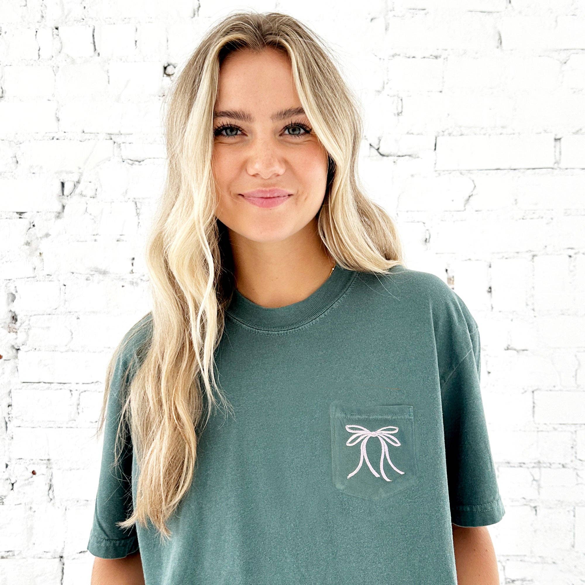 Arden & Gold - Wholesale T-Shirt - Women's - Ribbon Bow Embroidered Comfort Colors Pocket Tee | Coquette19