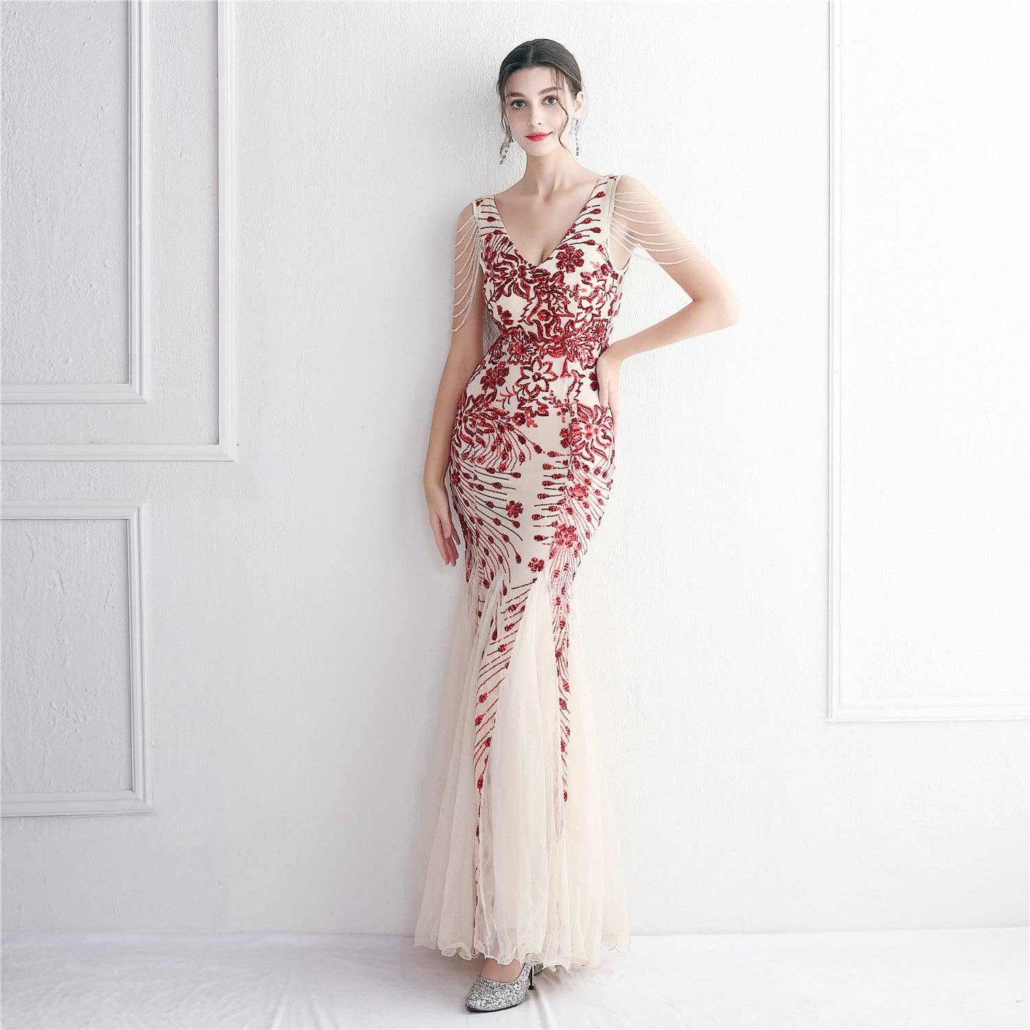 VividLux - Wholesale Gown - Women's - Sequin Mesh Craft Beaded Elegant Fishtail Dress _ Perfect for Annual Meetings3