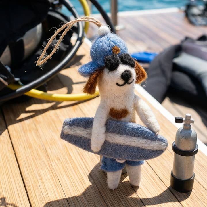 Handmade Felt Waveriding Surfer Dog Hanging Decoration for wholesale by Felt So Good