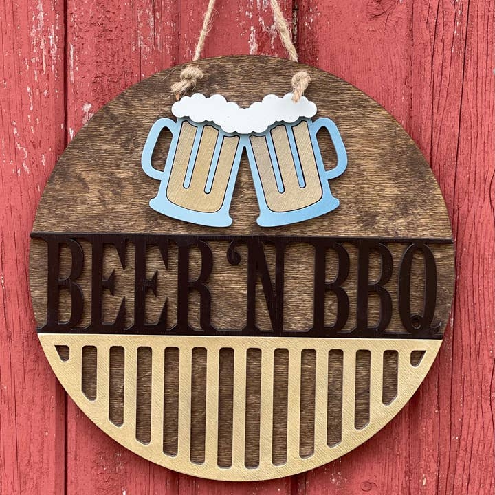 Letrero de madera Beer 'N BBQ para venta al por mayor de The Potted Oasis