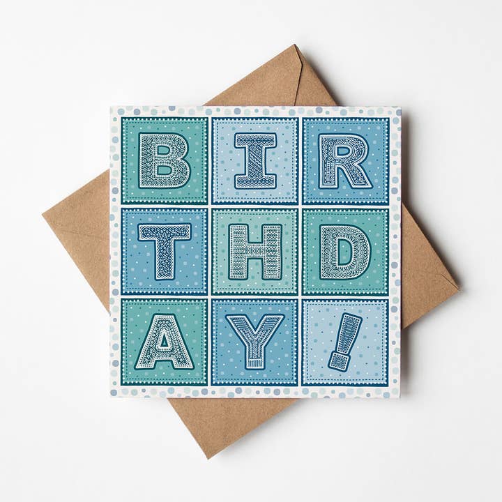 Blue and Turquoise Typographic Birthday Card for wholesale by Jess A Little Creative