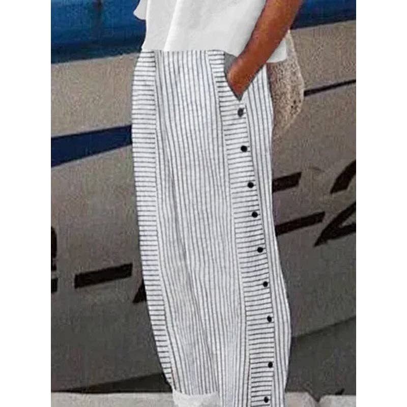 OceanusSwim – wholesale Pants – Women's – Loose Buttoned Pockets Striped Pants Trousers4