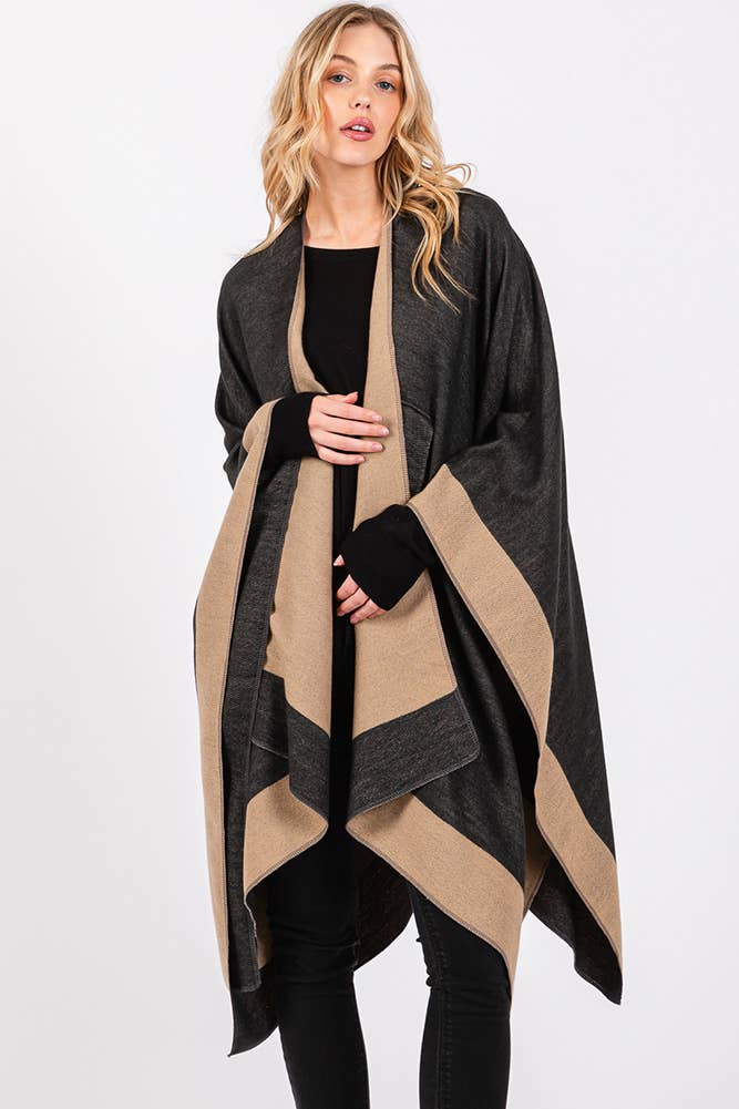 Hana - Wholesale Cardigan - Women's - Two Tone Pull Through Shawl Ruana Winter Cardigan0