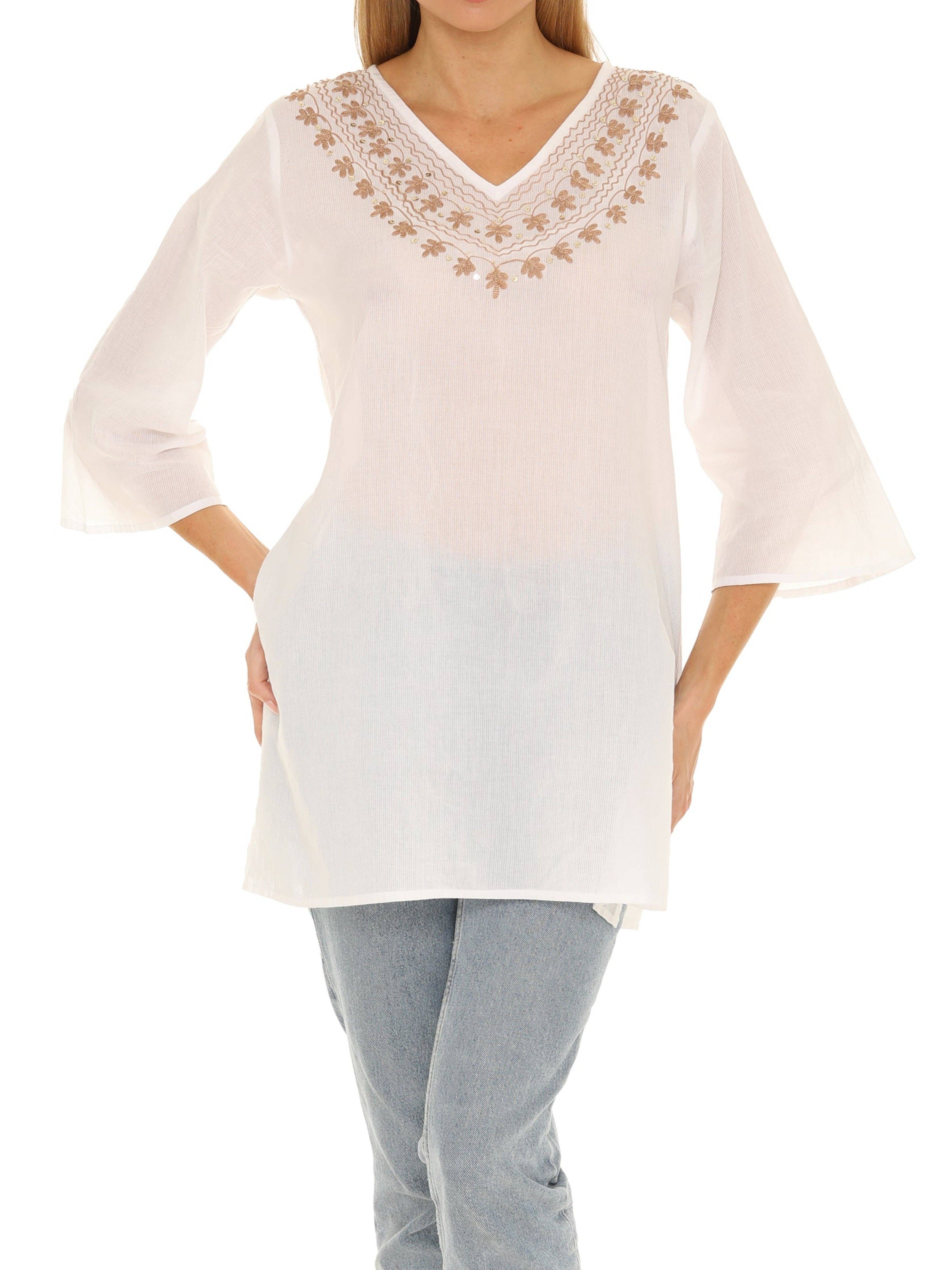 Shoreline Wear. INC - Venta al por mayor Túnica - Mujer - Túnica transparente con cuello en V bordada con mangas tres cuartos