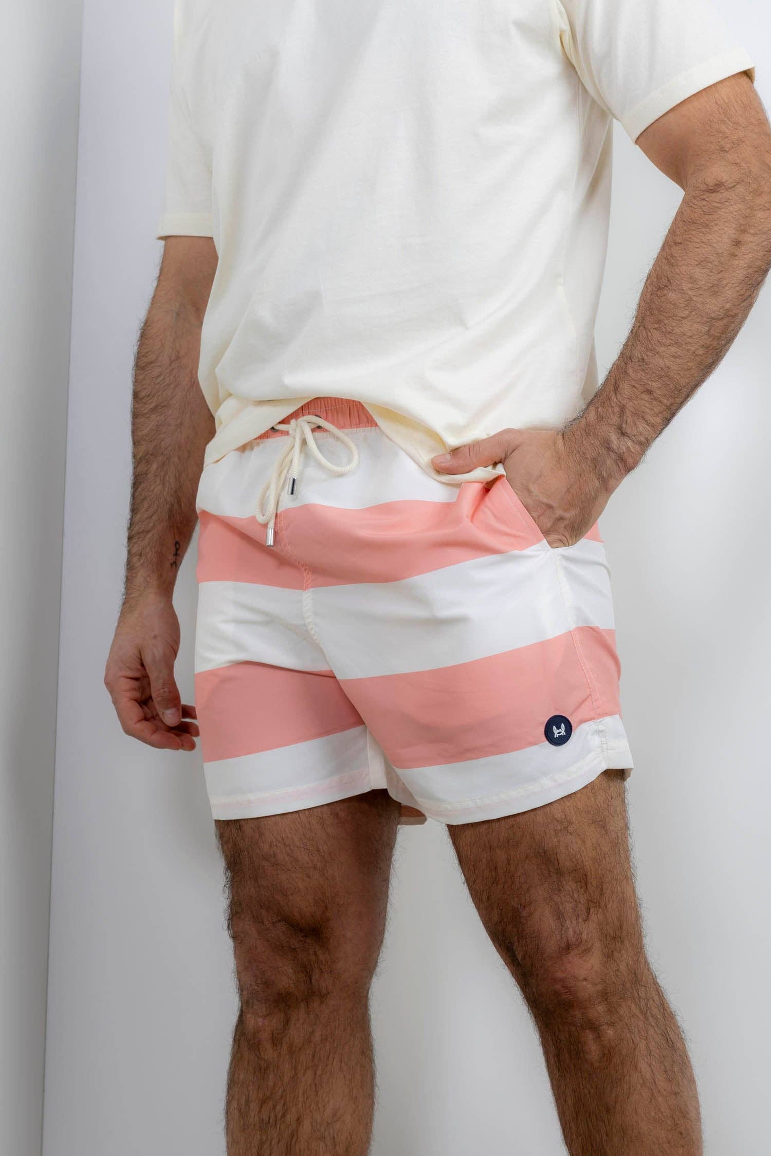 Custi Mikelo: Men's Clothing & Christmas Gifts - Wholesale Swim Shorts - Men's - Coral Wide Stripe Swimsuit6