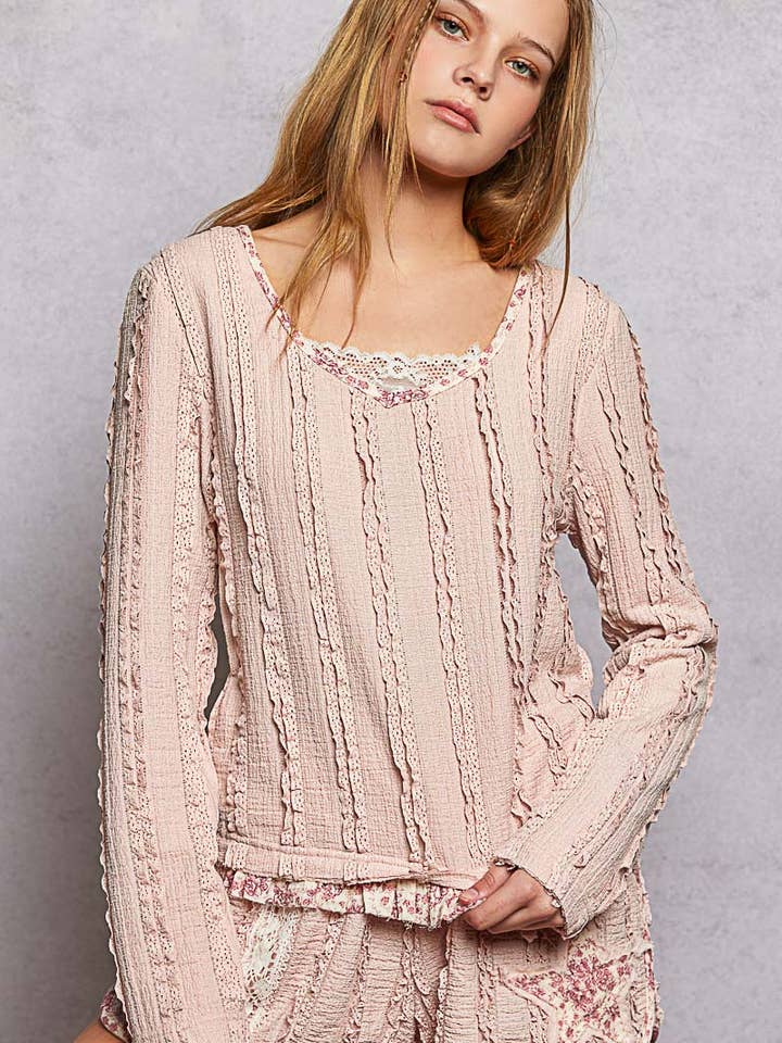 Square Neck Lace Printed Solid Ruffle Long Sleeve Knit Top for wholesale by Pol Clothing