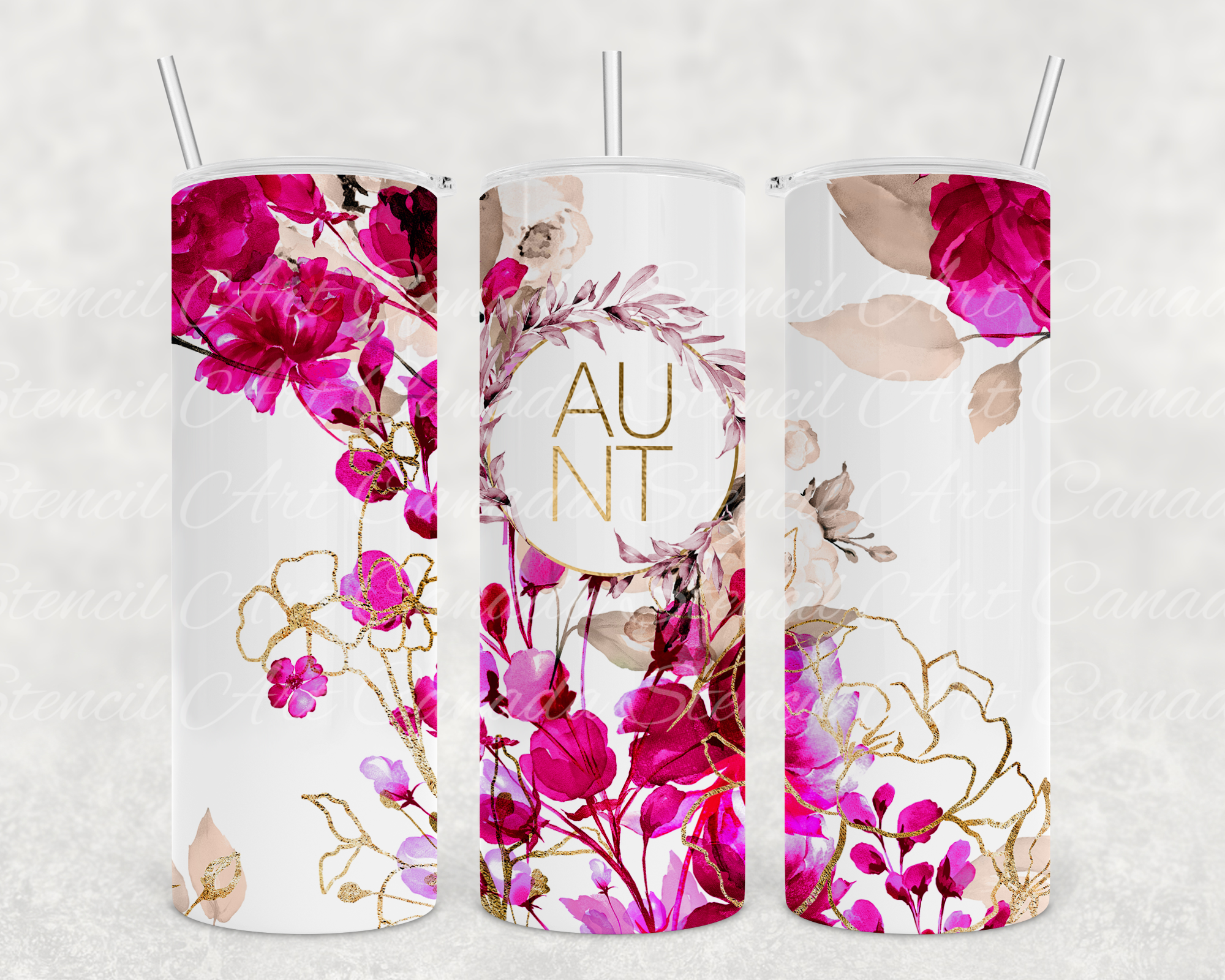 Stencil Art Canada - Wholesale Insulated Mug/Tumbler - Aunt Floral Tumbler, 20 oz. Stainless Steel  1