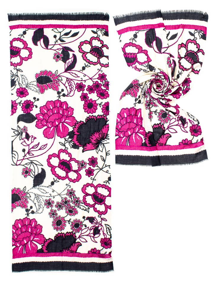 ESTOLA BLANCA Y FLORES ROSAS BORDADAS 100% LANA, 70X180, HECHA para venta al por mayor de Ayfee