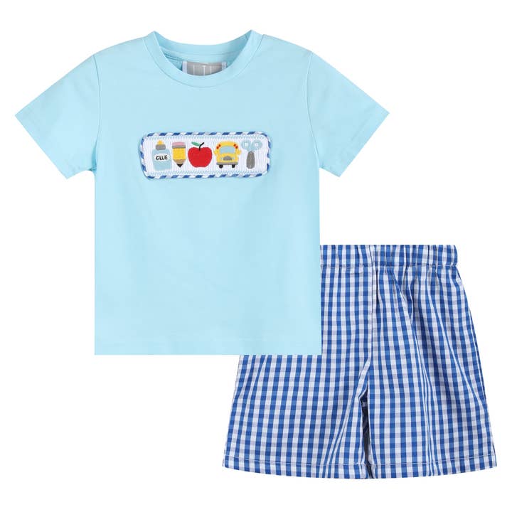 Light Blue Smocked School Shirt and Shorts Set for wholesale by Lil Cactus