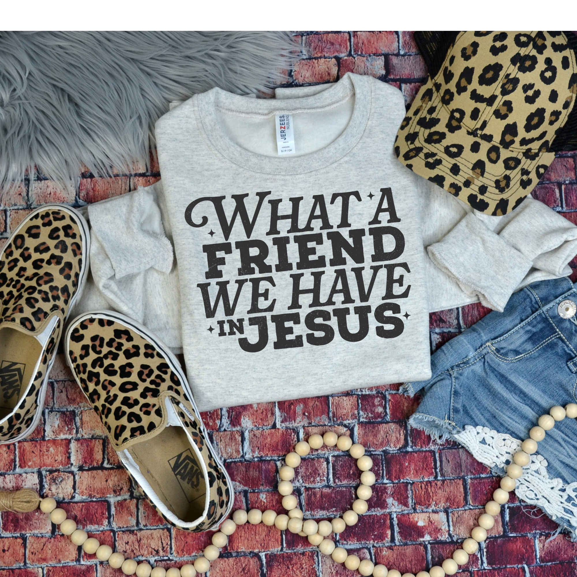 Jade & Ali Co. Boutique - Wholesale Screen Printed T-Shirt - Women's - What a friend we have in Jesus tee0