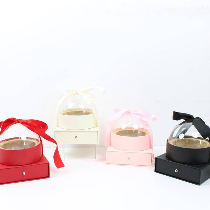 Rund gaveæske med klar kuppel og skuffe til blomster med sløjfe for engroshandel hos Elegant Design Supply