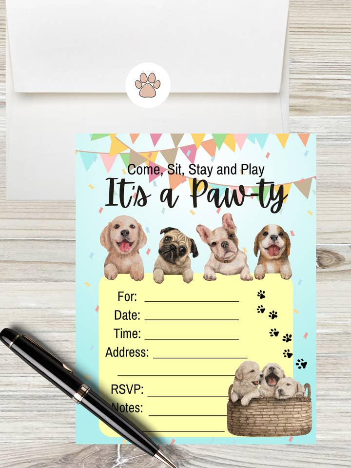 Puppy Dog Party Invitations comes with Envelopes + Stickers for wholesale by LM Studioz