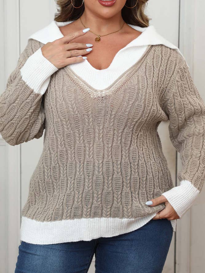 Plus Size Khaki Cable Knitting Sweater OYM136 for wholesale on Faire
