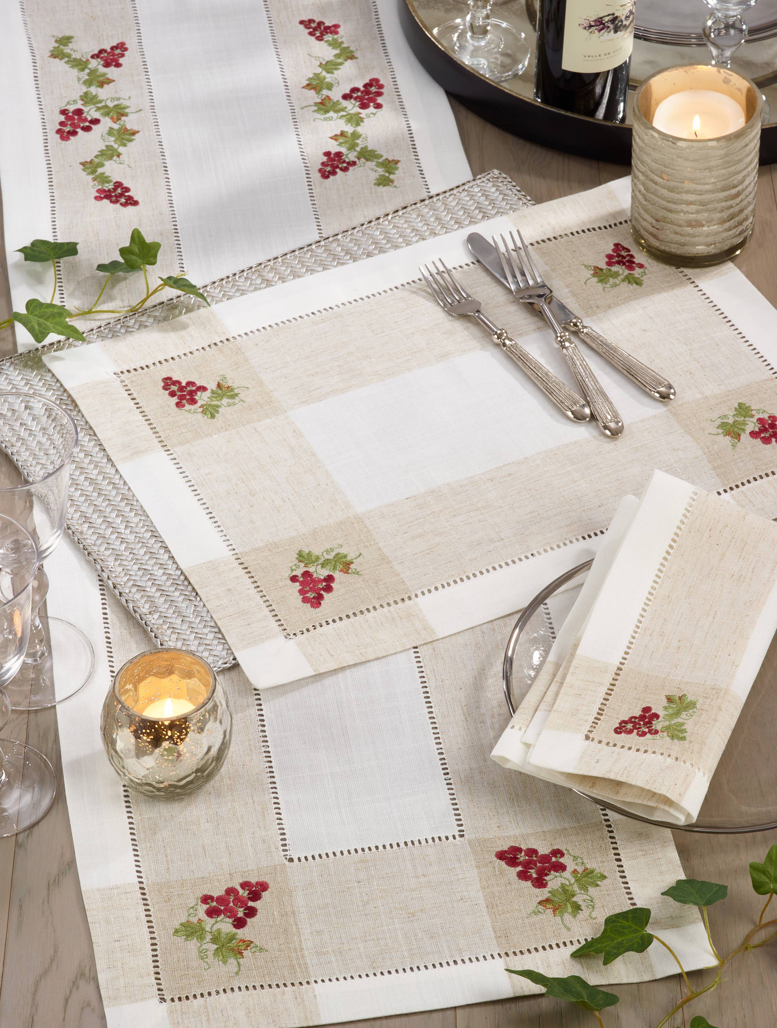 Ivory Embroidered Grape Hemstitch Placemat for wholesale on Faire1