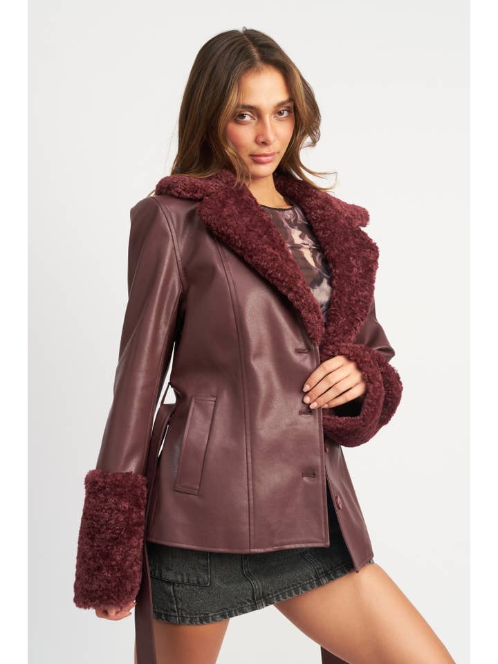 BURGUNDY BELTED FAUX SHEARING TRIMMED JACKET for wholesale on Faire