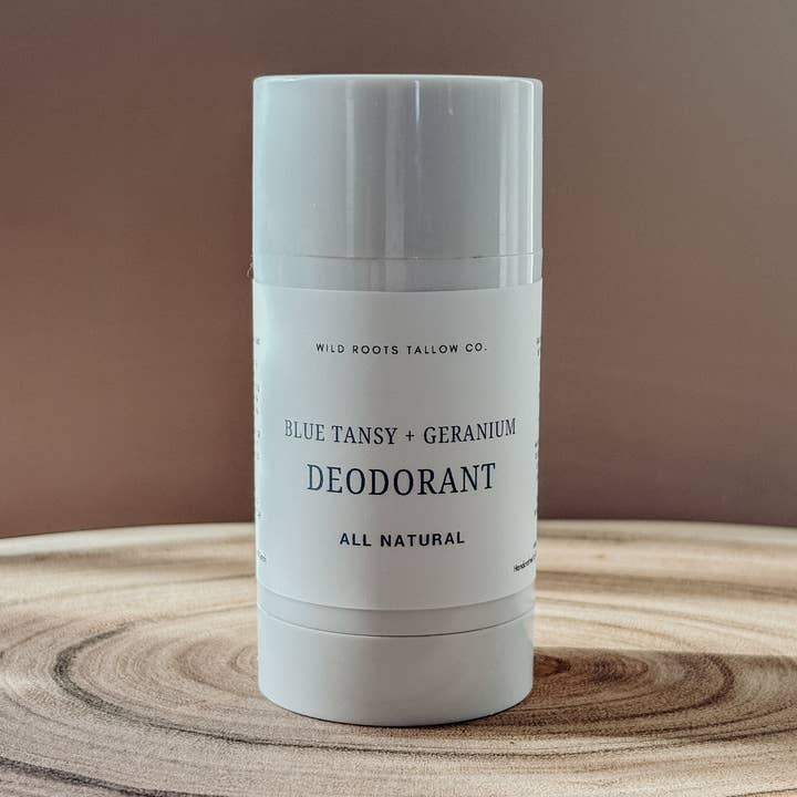 Blue Tansy + Geranium Natural Deodorant 3oz for wholesale by Wild Roots Tallow Co.