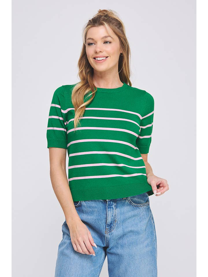 Allie Rose - Wholesale Knit Top - Women's - Soft Fine Gauge Short Slv Preppy Striped Top