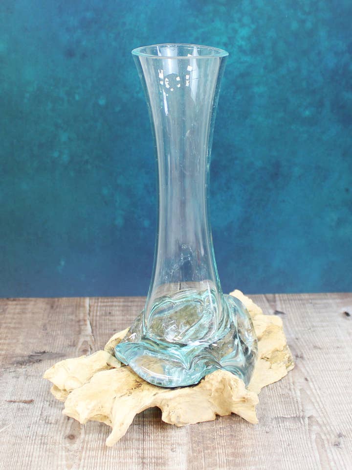 GL6503 VASO DE VIDRO SOBRE BASE DE MADEIRA NATURAL - TRANSPARENTE por atacado de Suzie Blue