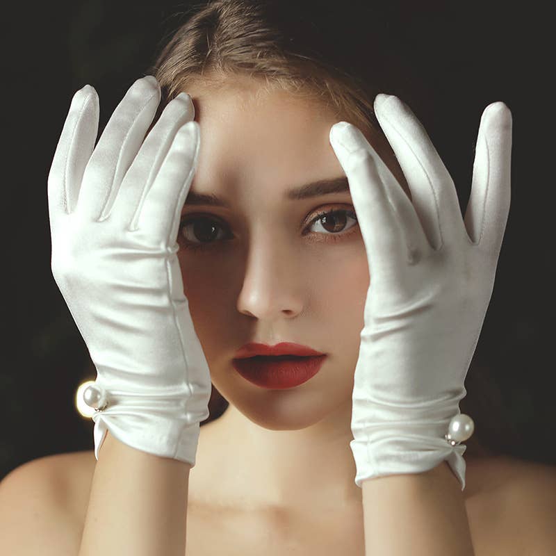 Floris Linens - Wholesale Gloves - Women's - White Satin Formal Party Wedding Bridal Gloves with Pearl7