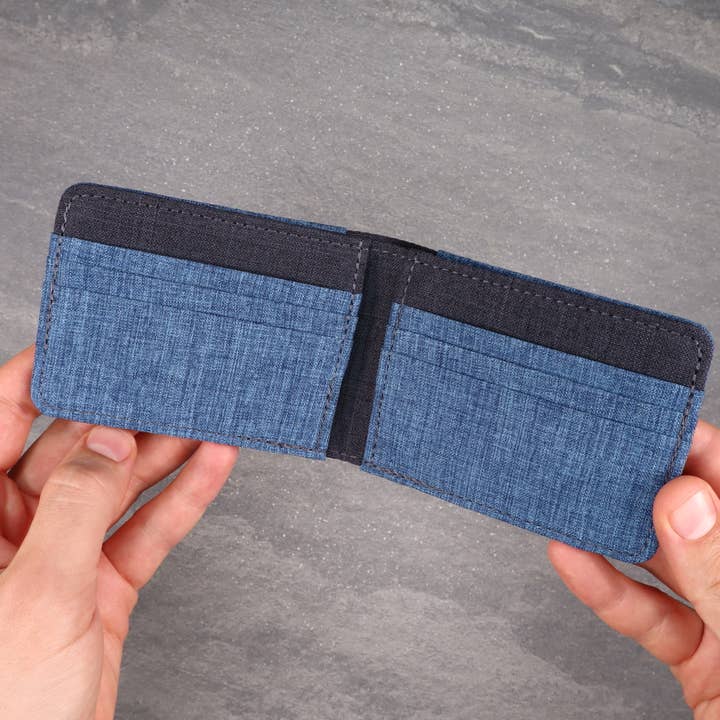 Blue and Gray Canvas Bifold Wallet, Men's Billfold Wallet for wholesale by HOLD SUPPLY