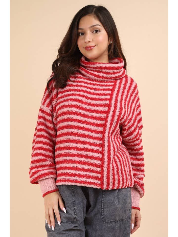 VERY J - Wholesale Knit Sweater - Women's - 12W3186N-Mock Neck Soft Striped Knit Sweater Top