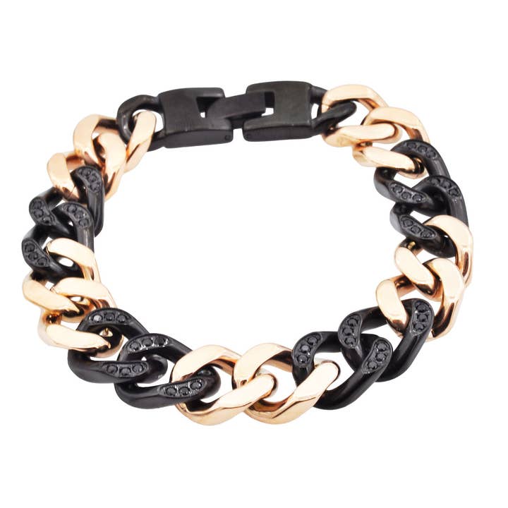 Mäns svart och Rose guld rostfritt stål Curb länk kedja armband med Cubic Zirconia för wholesale av Blackjack Mens Jewelry