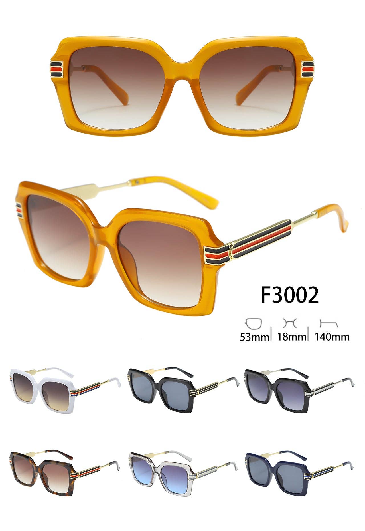 Prime Opticals - Wholesale Sunglasses - Women's - F3002, Square Frame with Stripes