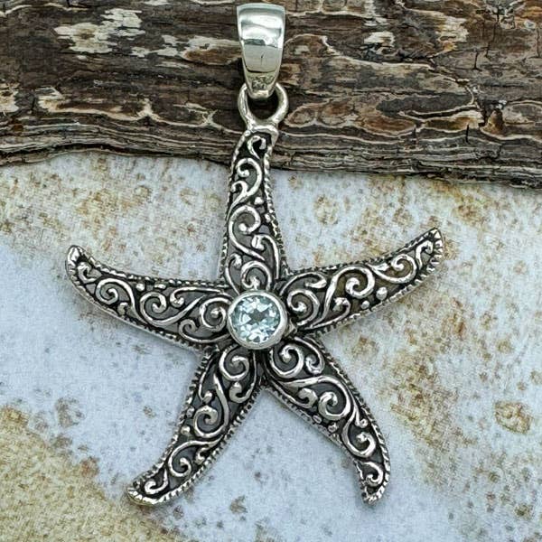 Goddess Design Studio - Vente Boucles d'oreilles pendantes - Boucles d'oreilles fantaisie en forme d'étoile de mer en argent sterling et pierres précieuses3