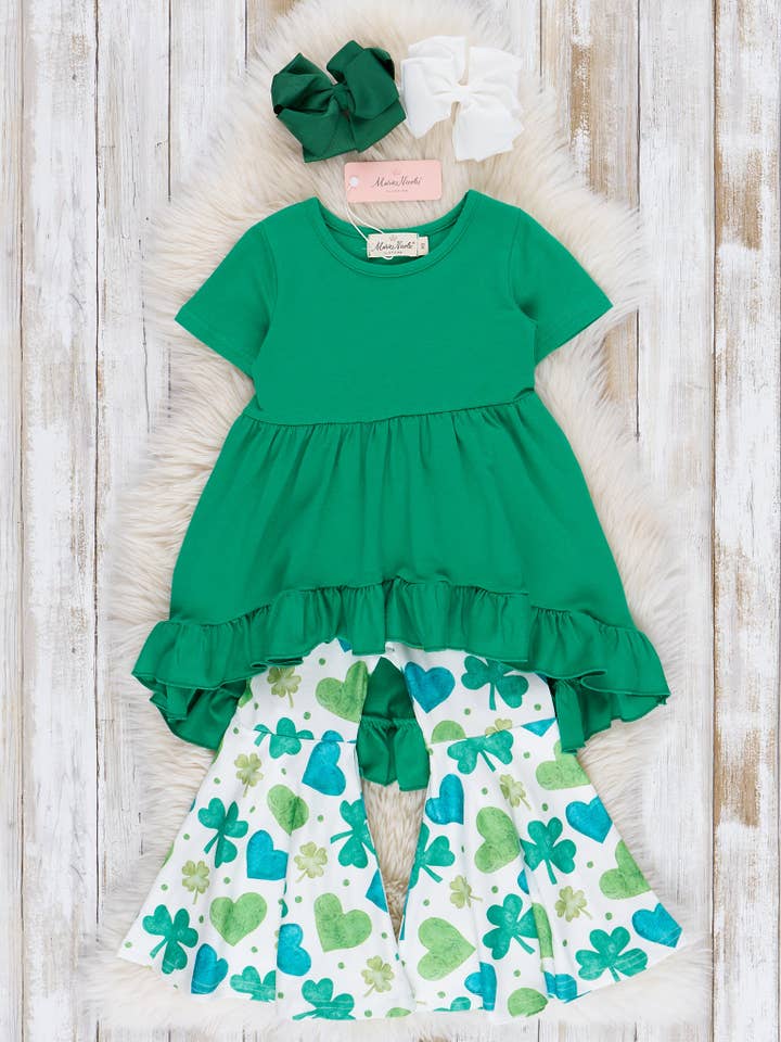 Marie Nicole Clothing - Wholesale Top & Pant Set - Kids - Green Hearts & Clovers Ruffle Outfit - Restocked!