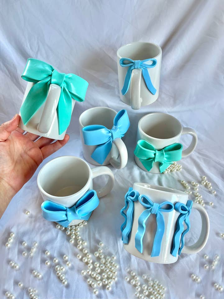 Blue or Teal Coquette Bow Cute Girly Everyday Coffee Mug for wholesale by Sun Sprinkles