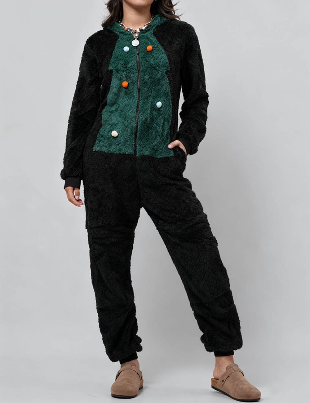 Green Ladies Christmas Color Block Fleece Jumpsuit Hooded Overall for wholesale on Faire0