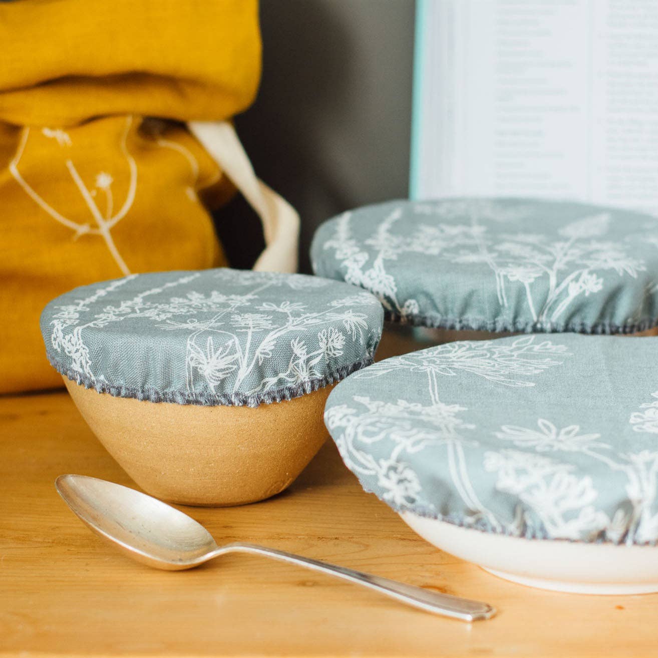 Helen Round - hand printed linen and bamboo wellness - Wholesale Food Storage Wrap/Bag - Reusable Bowl Covers, Set of 3, Handprinted With Flowers1
