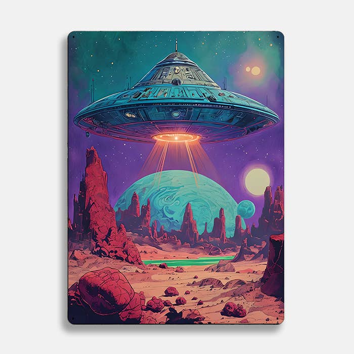 Alien Landscape UFO And Vibrant Colors Metal Sign Plaque for wholesale by The British Metal Signs Company