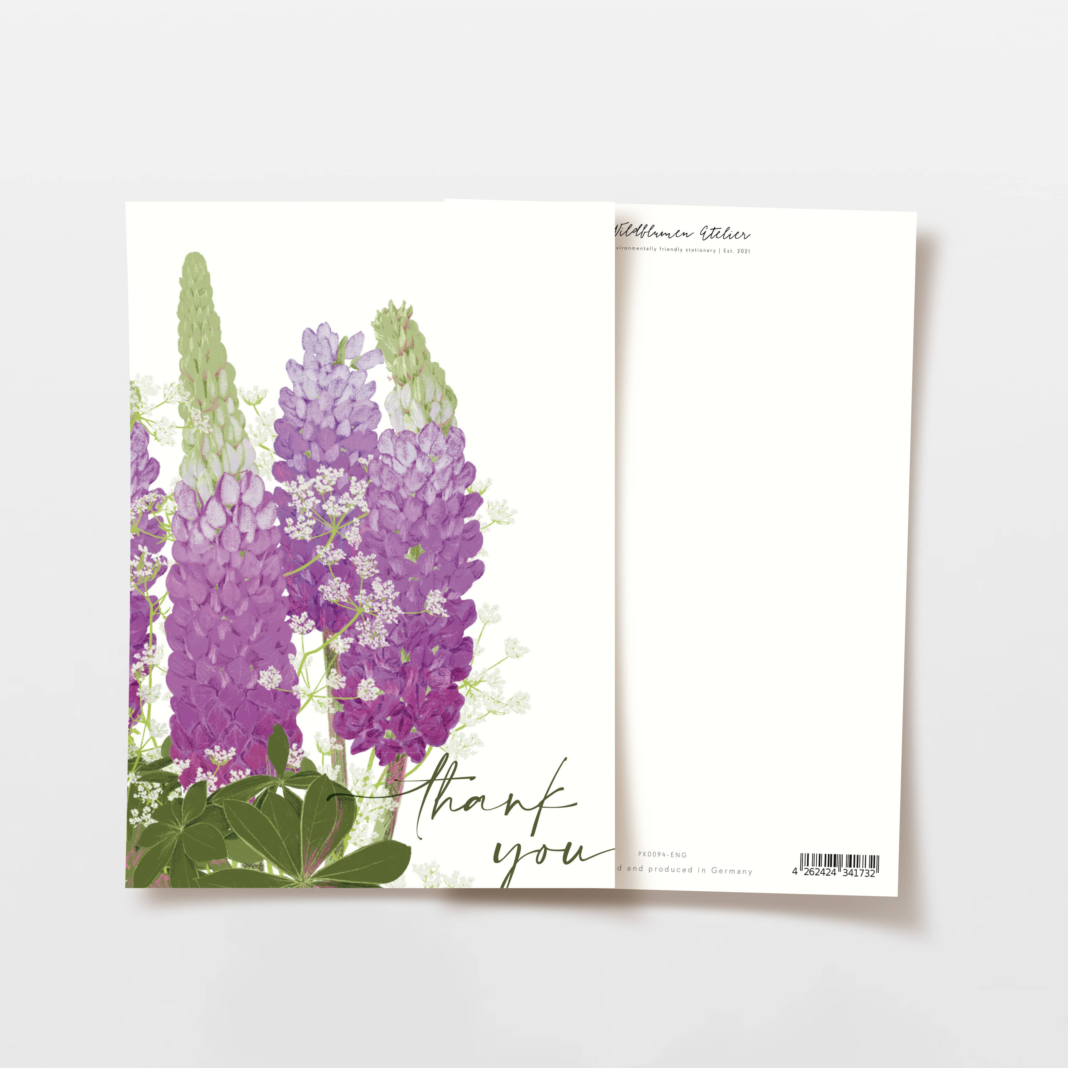 Wildblumen Atelier - Vendita all'ingrosso Biglietti di ringraziamento - Cartolina di ringraziamento con fiori selvatici viola, certificata FSC