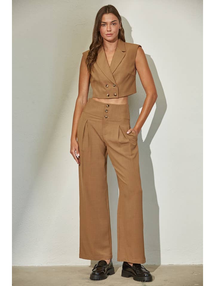 MOCHA High Waisted Pleated Button Down Wide Pants for wholesale on Faire3
