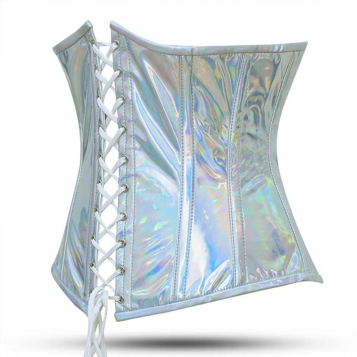 Women Shiny Silver Half Bust Corset - PVC Laced Corset Top for wholesale on Faire
