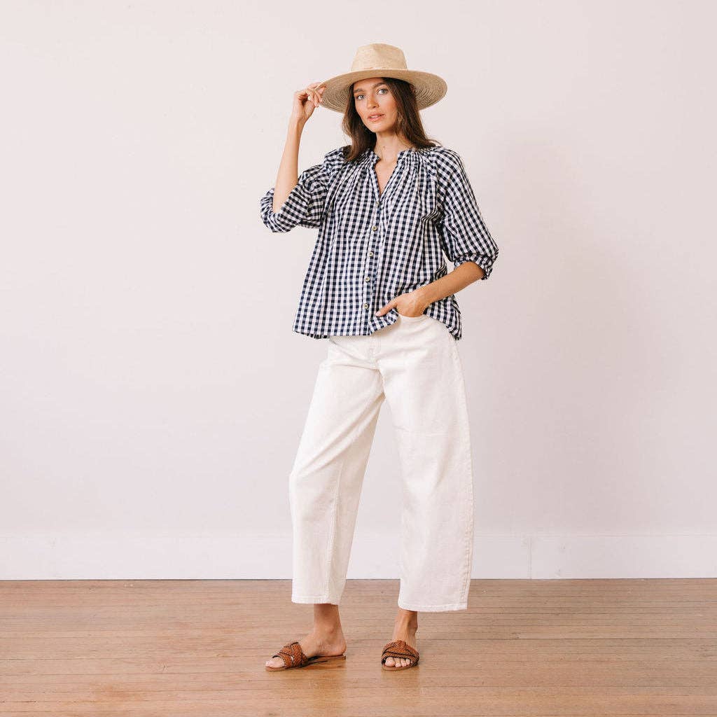 Sunshine Tienda – wholesale Tröja med knappar – Dam – Marinblå Gingham Lucia-topp1