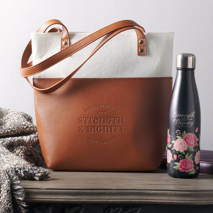 Christian Art Gifts - Wholesale Tote Bag - Women's - Bible Tote Cream/Toffee Strength & Dignity Prov. 31:254