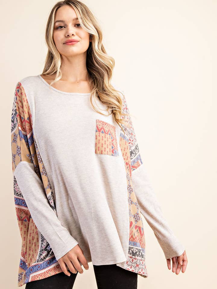 ST2217 - PATCHWORK CONTRAST LONG SLEEVE TOP WITH POCKET for wholesale by FSL Apparel