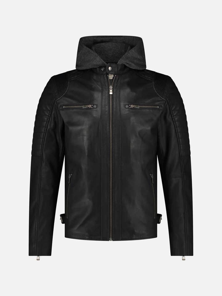 Jasper | Veste de moto à capuche en cuir pour homme avec fermeture éclair argentée pour la vente par Amsterdam Heritage Leather Belts, Bags, Jackets & Apparel